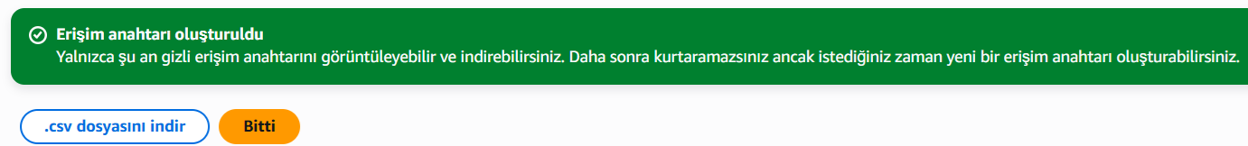 Erişim anahtarı oluşturuldu