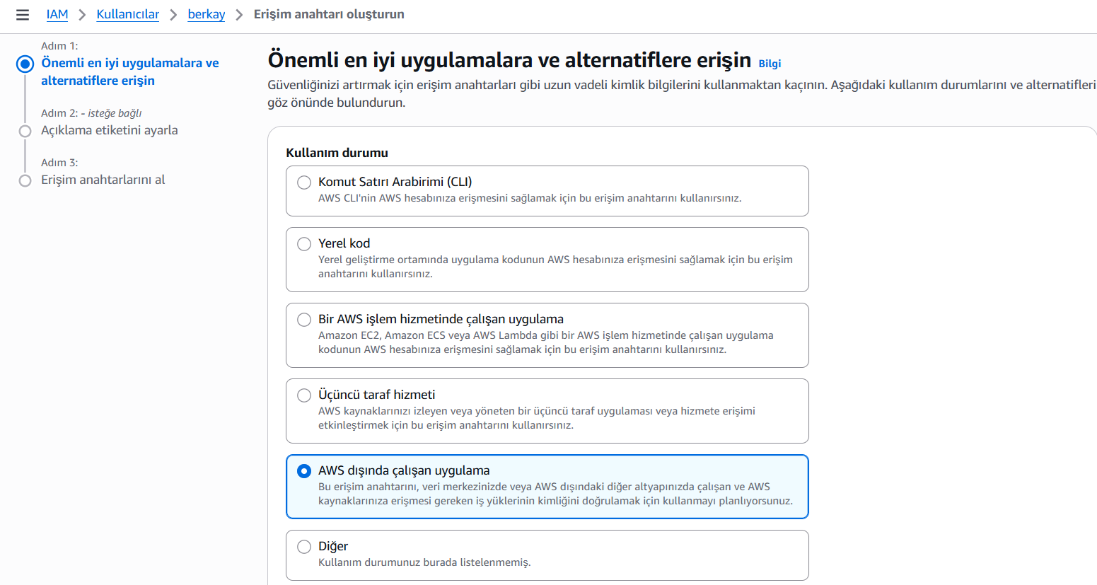 IAM erişim anahtarı oluşturma