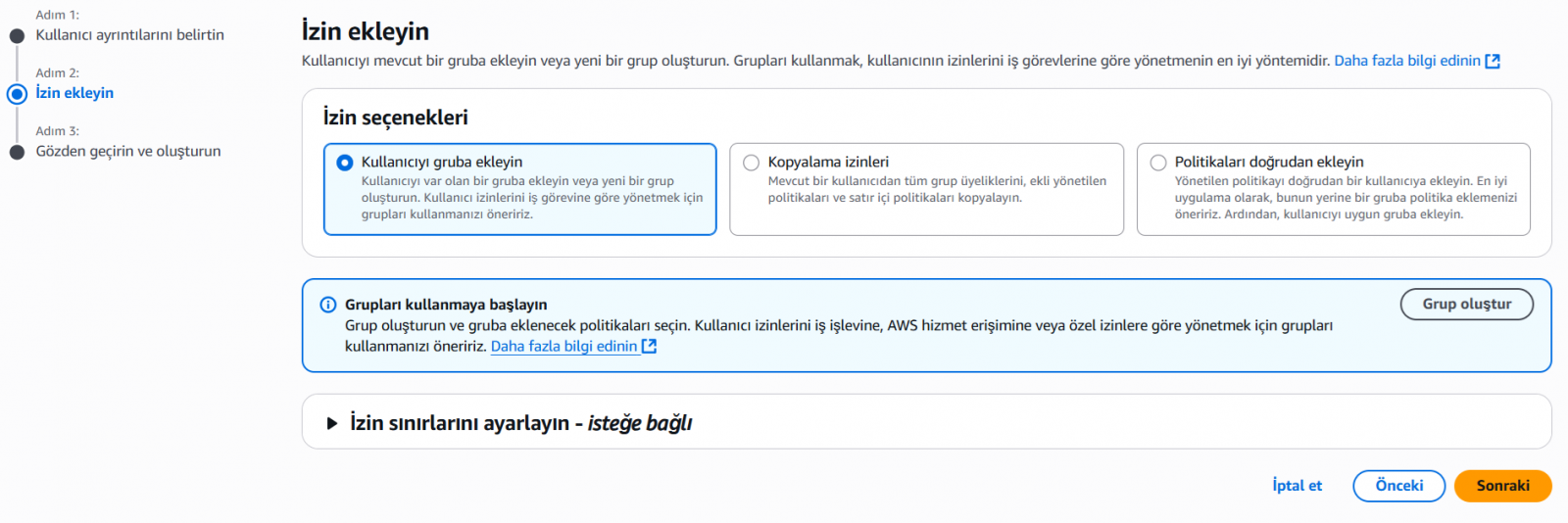 IAM kullanıcı oluşturma izinleri