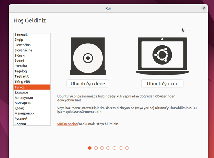 Ubuntu dil seçim ekranı