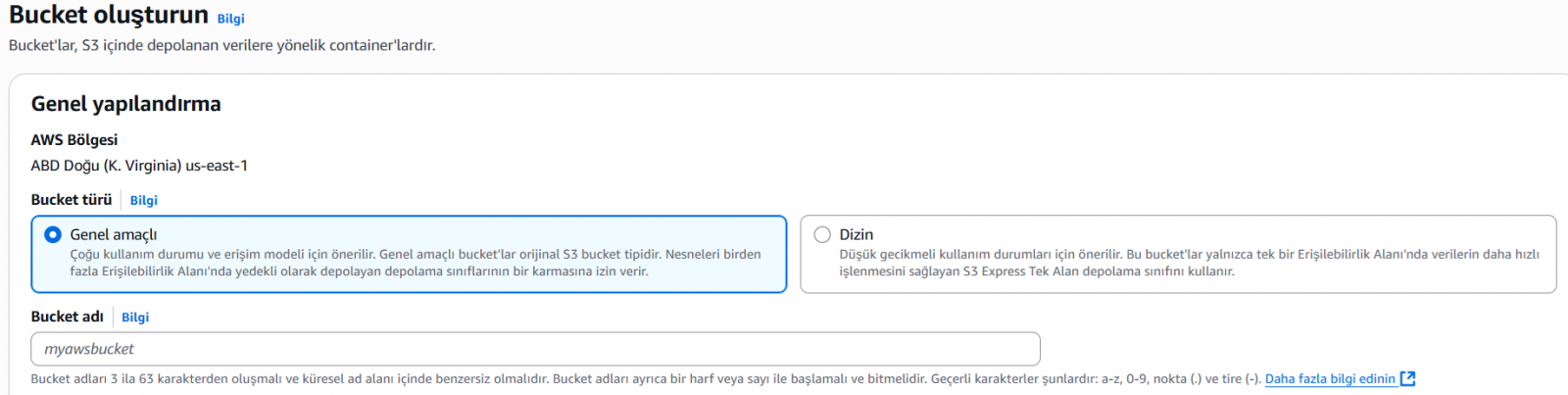 Bucket oluşturma ayarları genel