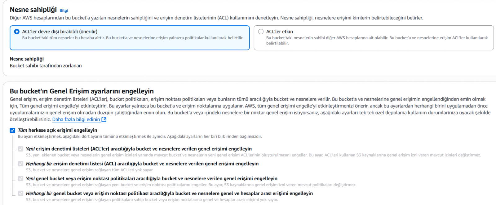 Bucket oluşturma ayarları erişim